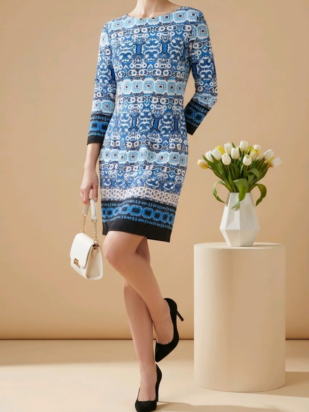 Vince Camuto Blue Patterned Long Sleeve Sheath Dress Sz 8